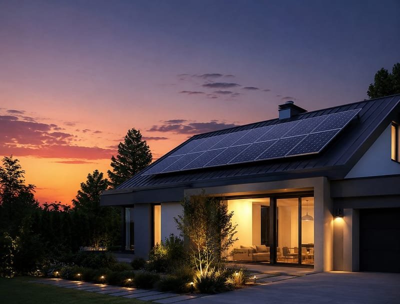 Modern home with solar roof at dusk